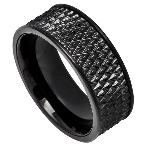 9mm Black IP Plated Parallelogram Design Center with Straight Edges Wedding Band Ring