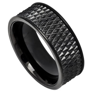 9mm Black IP Plated Parallelogram Design Center with Straight Edges Wedding Band Ring