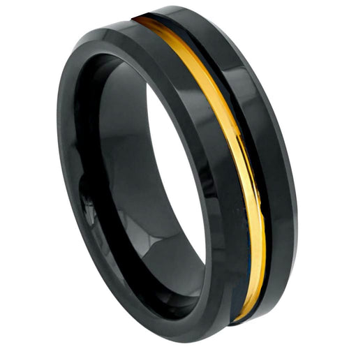 8mm Tungsten Carbide High Polished Beveled Edge Black IP Plated Ring with Yellow IP Plated Center