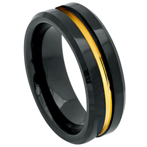 8mm Tungsten Carbide High Polished Beveled Edge Black IP Plated Ring with Yellow IP Plated Center
