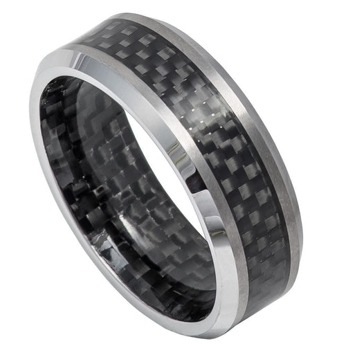 8mm Carbon Fiber Inlay Inside & Out, High Polished Shiny Beveled Edge Wedding Band Ring