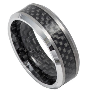 8mm Carbon Fiber Inlay Inside & Out, High Polished Shiny Beveled Edge Wedding Band Ring