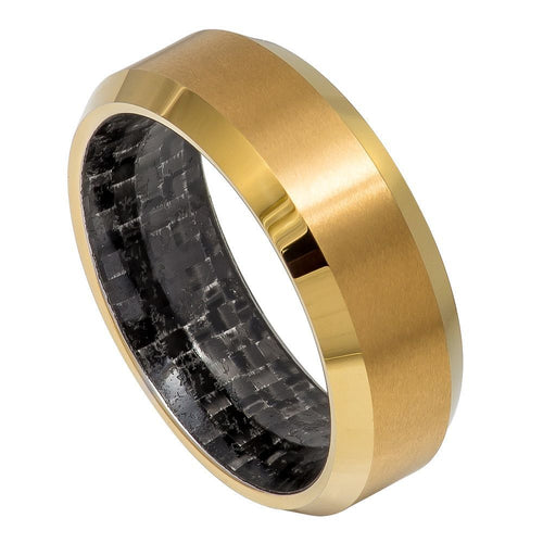 8mm Tungsten Carbide Yellow Gold Tone IP Plated with Black Carbon Fiber Inlay Inside Ring