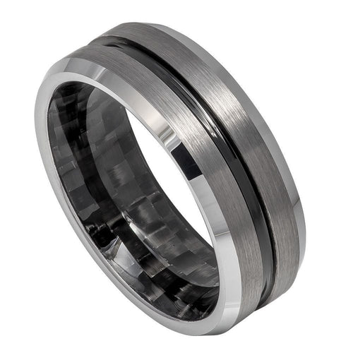 8mm Tungsten Carbide Black IP Plated Grooved Center, Black Carbon Fiber Inlay Inside Ring