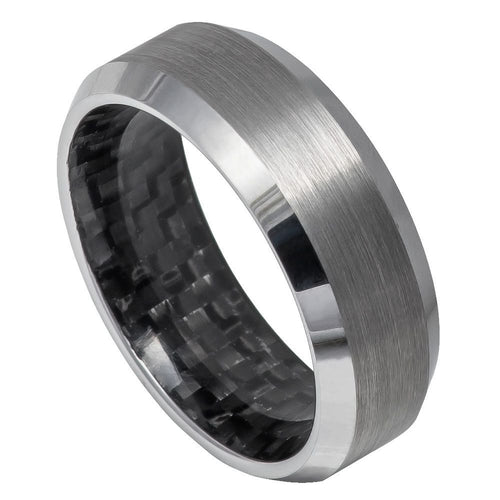 8mm Tungsten Carbide Black Carbon Fiber Inlay Inside, High Polished Shiny Beveled Edge Wedding Ring