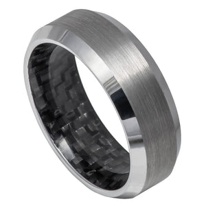 8mm Tungsten Carbide Black Carbon Fiber Inlay Inside, High Polished Shiny Beveled Edge Wedding Ring