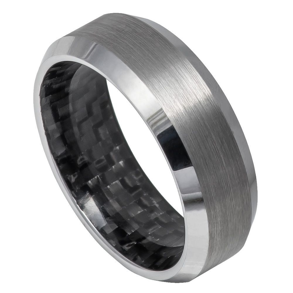 8mm Tungsten Carbide Black Carbon Fiber Inlay Inside, High Polished Shiny Beveled Edge Wedding Ring