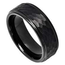 Load image into Gallery viewer, 8mm Tungsten Carbide Black IP Plated Hammered Center with Stepped Edge Wedding Band Ring