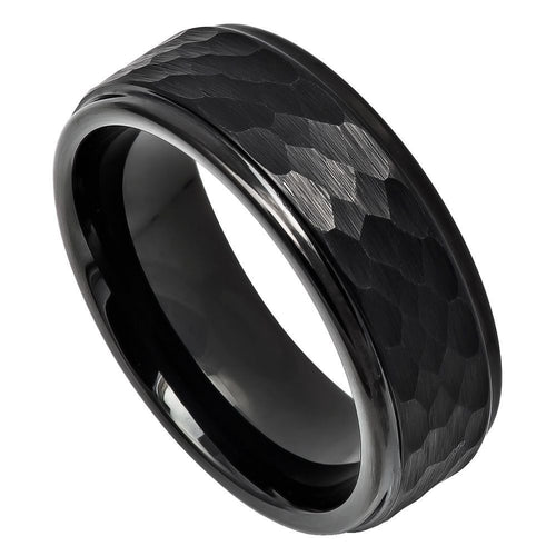8mm Tungsten Carbide Black IP Plated Hammered Center with Stepped Edge Wedding Band Ring