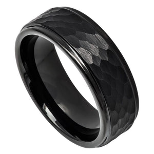 8mm Tungsten Carbide Black IP Plated Hammered Center with Stepped Edge Wedding Band Ring