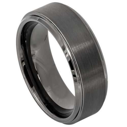 8mm Tungsten Carbide Gun Metal IP Plated Brushed Center High Polish Stepped/Beveled Edge