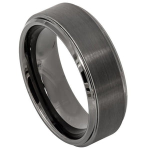 8mm Tungsten Carbide Gun Metal IP Plated Brushed Center High Polish Stepped/Beveled Edge