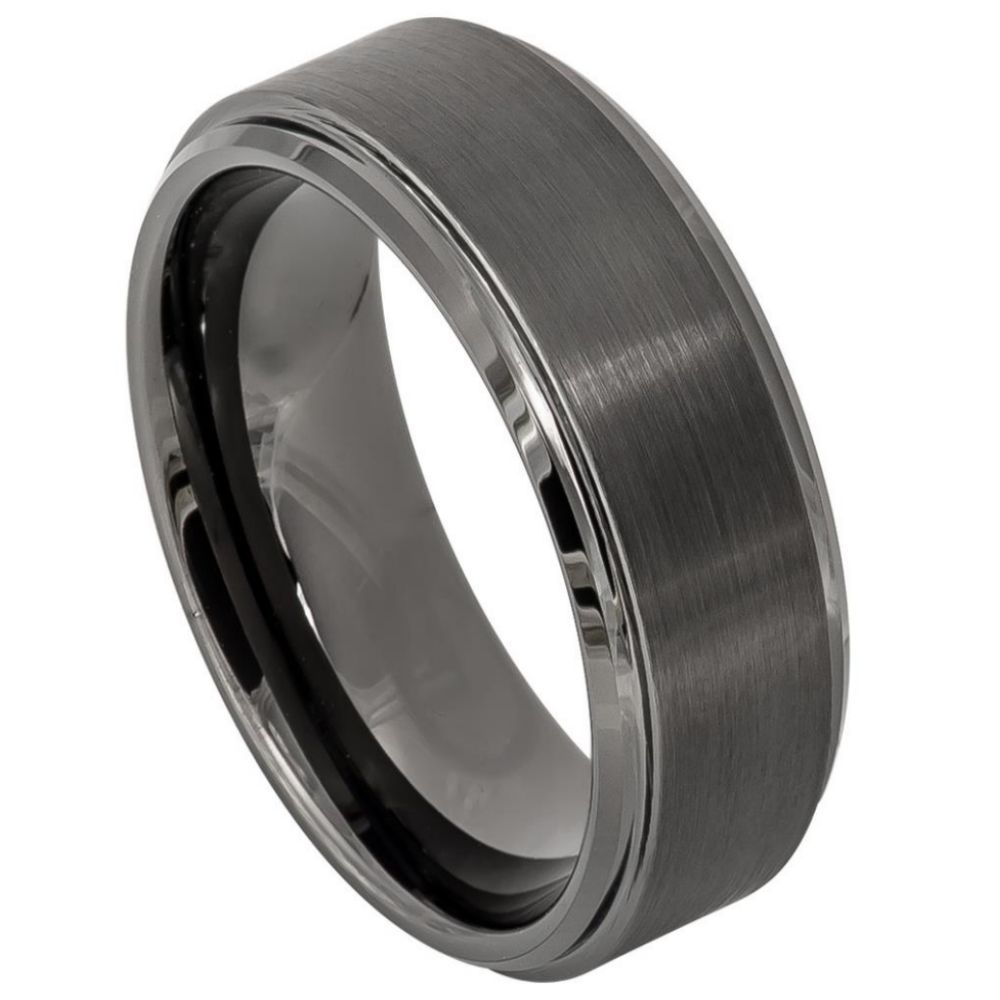 8mm Tungsten Carbide Gun Metal IP Plated Brushed Center High Polish Stepped/Beveled Edge