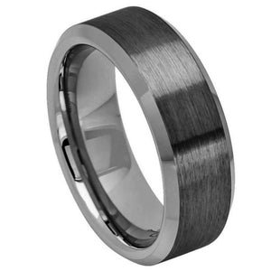 8mm Tungsten Carbide Gun Metal IP Plated Brushed Center High Polish Beveled Edge Wedding Band Ring