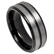 Load image into Gallery viewer, 8mm Tungsten Carbide Two-tone Black IP Plated Center Grooved Brushed Finish Stepped Edge