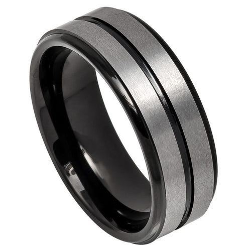 8mm Tungsten Carbide Two-tone Black IP Plated Center Grooved Brushed Finish Stepped Edge
