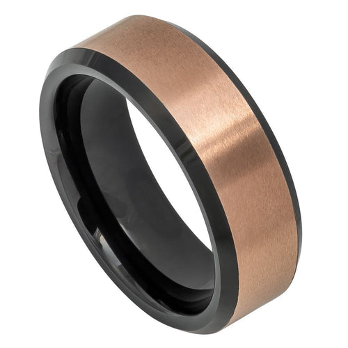 8mm Tungsten Carbide Two-tone Brushed Rose Gold IP Finish Black IP Inside Beveled Edge Wedding Ring