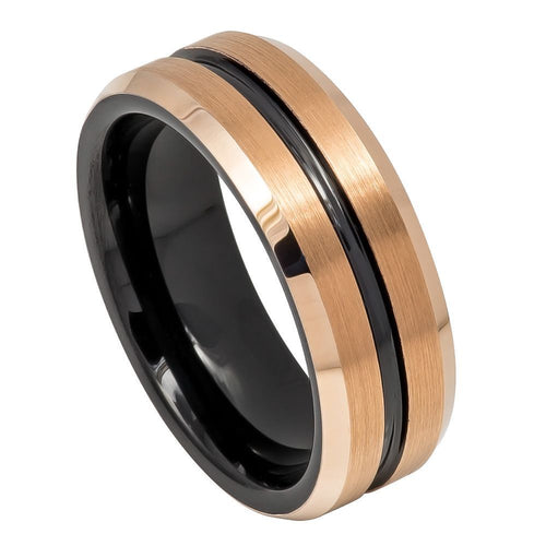 8mm Tungsten Carbide Two-tone Black IP Inside Center Groove with Rose Gold IP Finish Beveled Edge