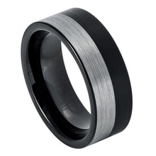 Load image into Gallery viewer, 8mm Tungsten Carbide Pipe Cut Two tone Black IP Plated Brushed Night &amp; Day Ring Wedding Band Ring
