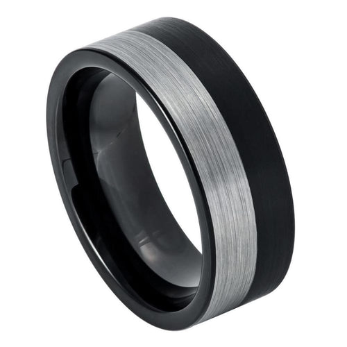8mm Tungsten Carbide Pipe Cut Two tone Black IP Plated Brushed Night & Day Ring Wedding Band Ring