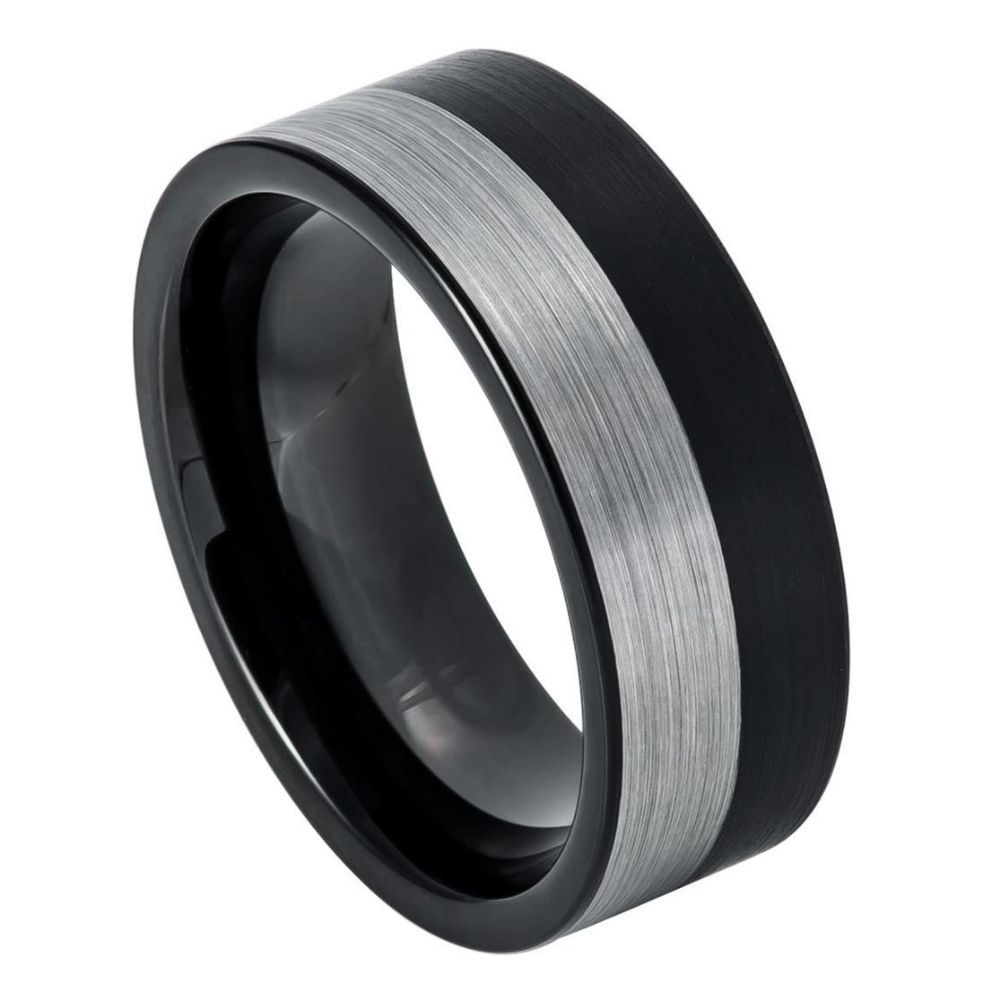 8mm Tungsten Carbide Pipe Cut Two tone Black IP Plated Brushed Night & Day Ring Wedding Band Ring