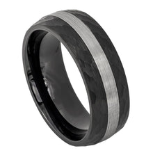 Load image into Gallery viewer, 8mm Tungsten Carbide Black IP Plated Hammered Sides &amp; Brushed Stripe Center Wedding Band Ring
