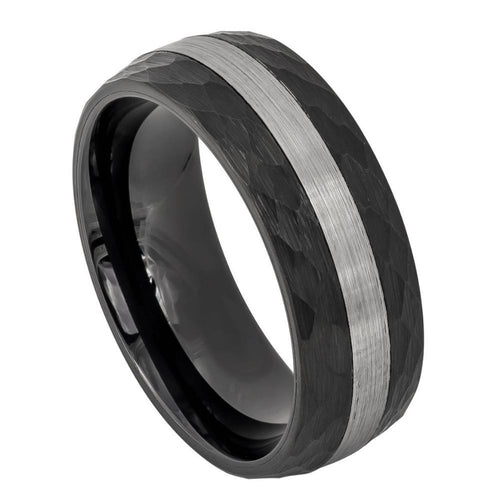 8mm Tungsten Carbide Black IP Plated Hammered Sides & Brushed Stripe Center Wedding Band Ring