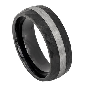 8mm Tungsten Carbide Black IP Plated Hammered Sides & Brushed Stripe Center Wedding Band Ring