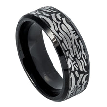 Load image into Gallery viewer, 8mm Tungsten Carbide Black IP Plated Ring with Laser Carved Rock Art Pattern Wedding Band Ring