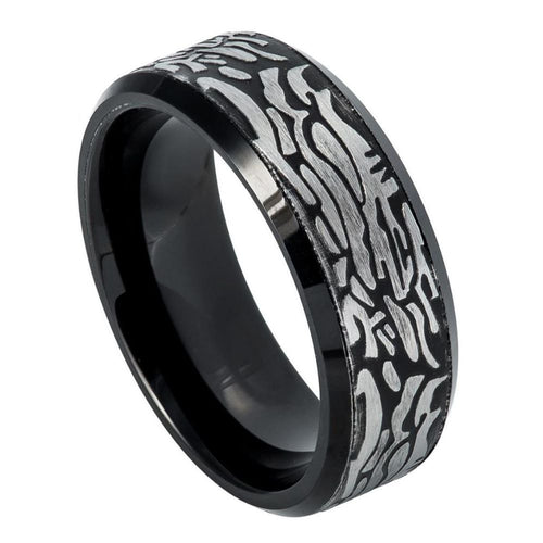 8mm Tungsten Carbide Black IP Plated Ring with Laser Carved Rock Art Pattern Wedding Band Ring