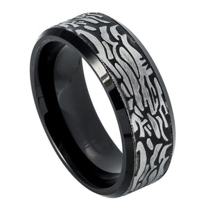 8mm Tungsten Carbide Black IP Plated Ring with Laser Carved Rock Art Pattern Wedding Band Ring