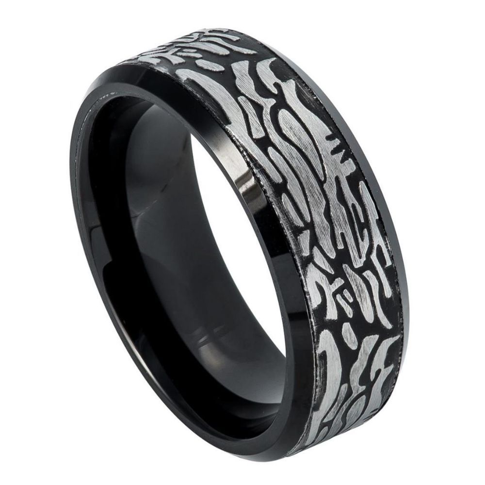 8mm Tungsten Carbide Black IP Plated Ring with Laser Carved Rock Art Pattern Wedding Band Ring