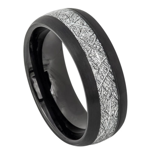 8mm Tungsten Carbide Semi-Domed Black IP Plated with Imitation Meteorite Inlay Wedding Band Ring