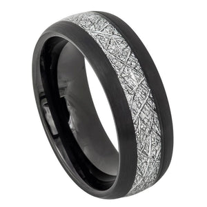8mm Tungsten Carbide Semi-Domed Black IP Plated with Imitation Meteorite Inlay Wedding Band Ring