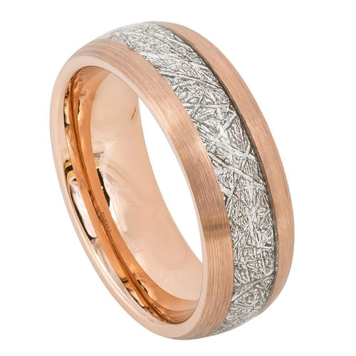 8mm Tungsten Carbide Semi-Domed Rose Gold Tone IP Plated with Imitation Meteorite Inlay Wedding Ring