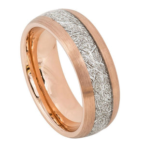 8mm Tungsten Carbide Semi-Domed Rose Gold Tone IP Plated with Imitation Meteorite Inlay Wedding Ring