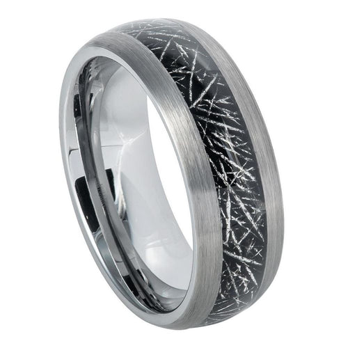 8mm Tungsten Carbide Semi-Domed Ring with Imitation Meteorite Inlay Wedding Band Ring