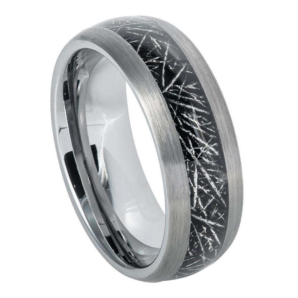 8mm Tungsten Carbide Semi-Domed Ring with Imitation Meteorite Inlay Wedding Band Ring