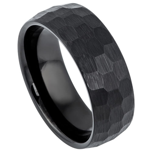 8mm Tungsten Carbide Black IP Plated Brushed Hammered Center Wedding Band Ring