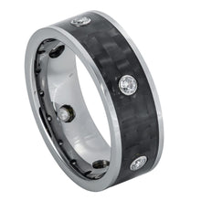 Load image into Gallery viewer, 8mm Tungsten Carbide High Polished Pipe Cut Ring with 6 White CZs, bezel-set on Black Carbon Ring