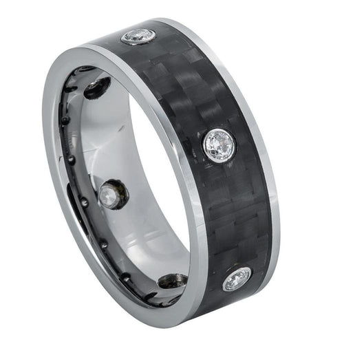 8mm Tungsten Carbide High Polished Pipe Cut Ring with 6 White CZs, bezel-set on Black Carbon Ring