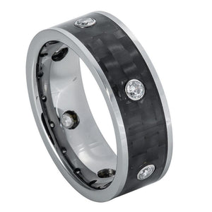 8mm Tungsten Carbide High Polished Pipe Cut Ring with 6 White CZs, bezel-set on Black Carbon Ring