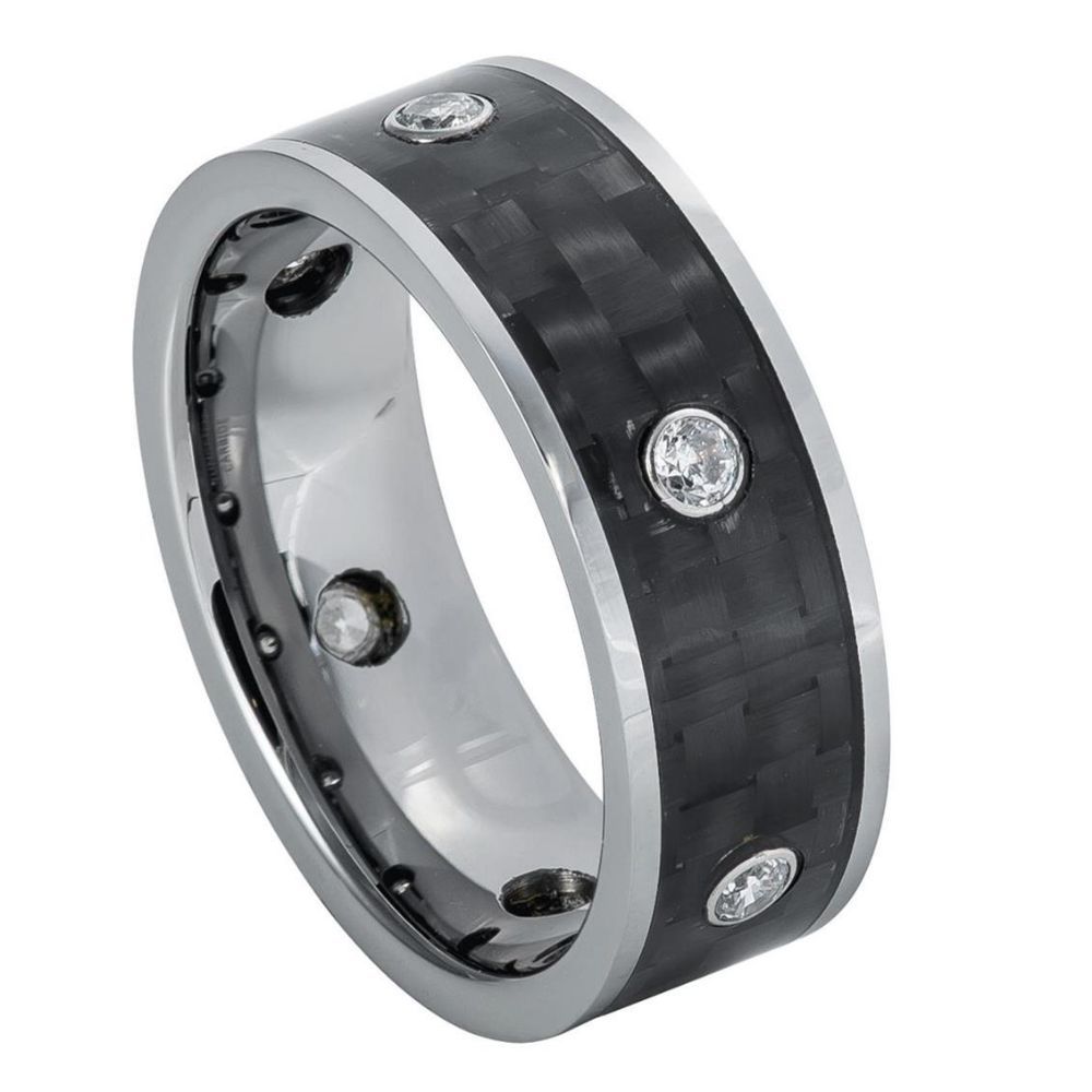 8mm Tungsten Carbide High Polished Pipe Cut Ring with 6 White CZs, bezel-set on Black Carbon Ring