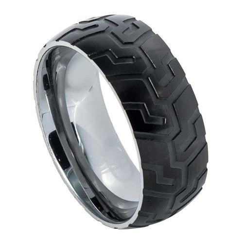 8mm Tungsten Carbide Semi-domed Ring with Black IP Plated with Tread Laser Carved Pattern Ring