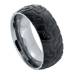 8mm Tungsten Carbide Semi-domed Ring with Black IP Plated with Tread Laser Carved Pattern Ring
