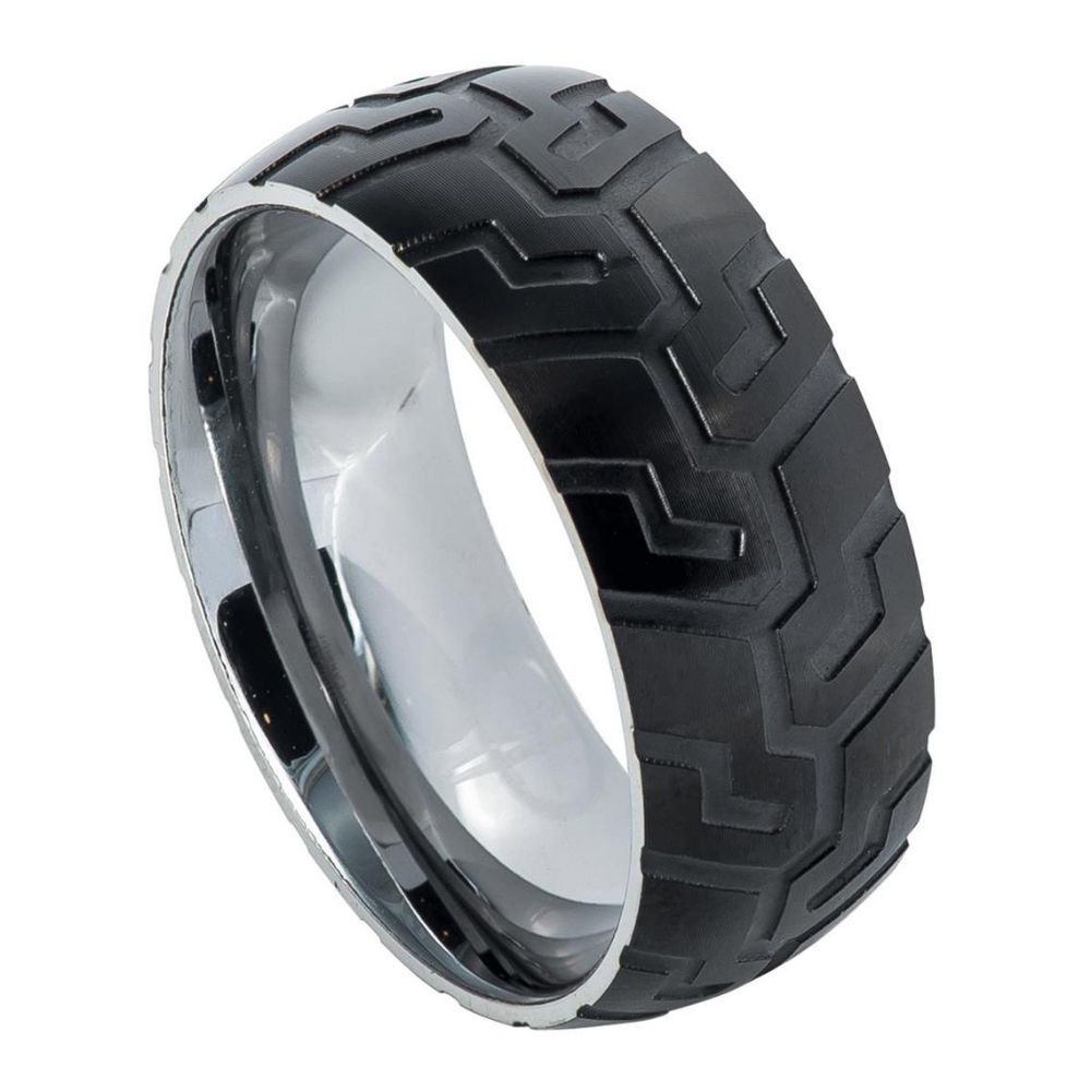 8mm Tungsten Carbide Semi-domed Ring with Black IP Plated with Tread Laser Carved Pattern Ring