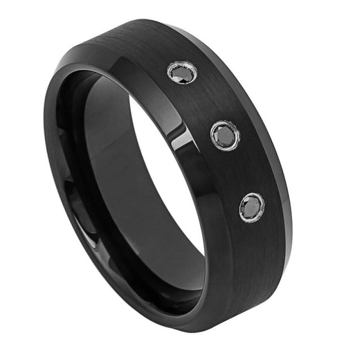 8mm Tungsten Carbide Black IP Plated Brushed Finish Shiny Beveled Edge With THREE (3) bezel-set