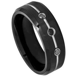 8mm Tungsten Carbide Black IP Plated Brushed Finish Grooved Center, With THREE (3) bezel-set Ring