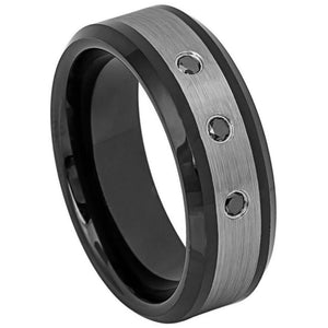 8mm Tungsten Carbide Two-tone Black IP Plated Brushed Finish Shiny With THREE (3) bezel-set