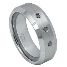 Load image into Gallery viewer, 7mm Tungsten Carbide Brushed Center Finish Shiny Beveled Edge  With THREE (3) BLACK DIAMONDS Ring